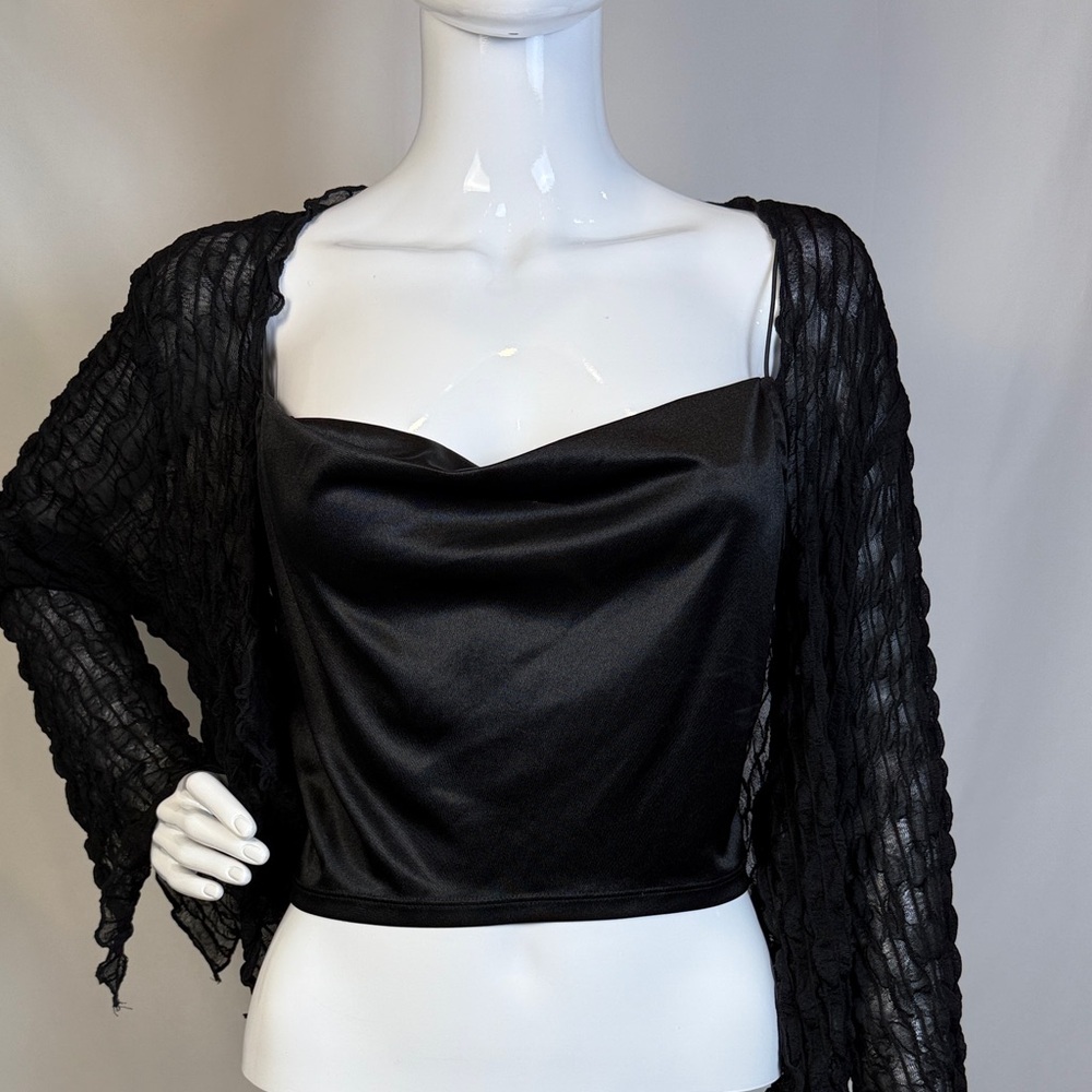 Stylish Black Satin Top with Textured Wrap